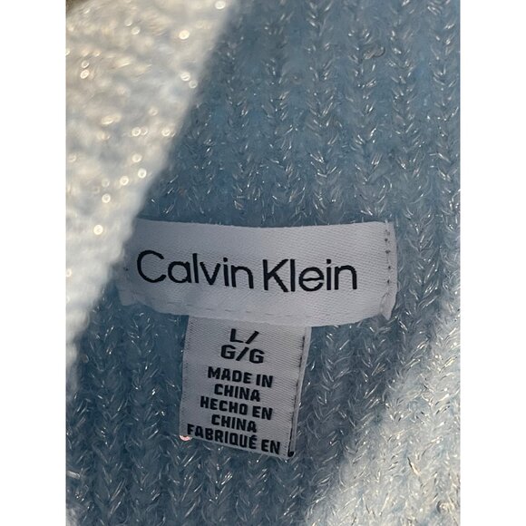 Calvin Klein Sweater Womens Large Ribbed Knit Sweater Blue Metallic Mock Neck - Picture 3 of 5
